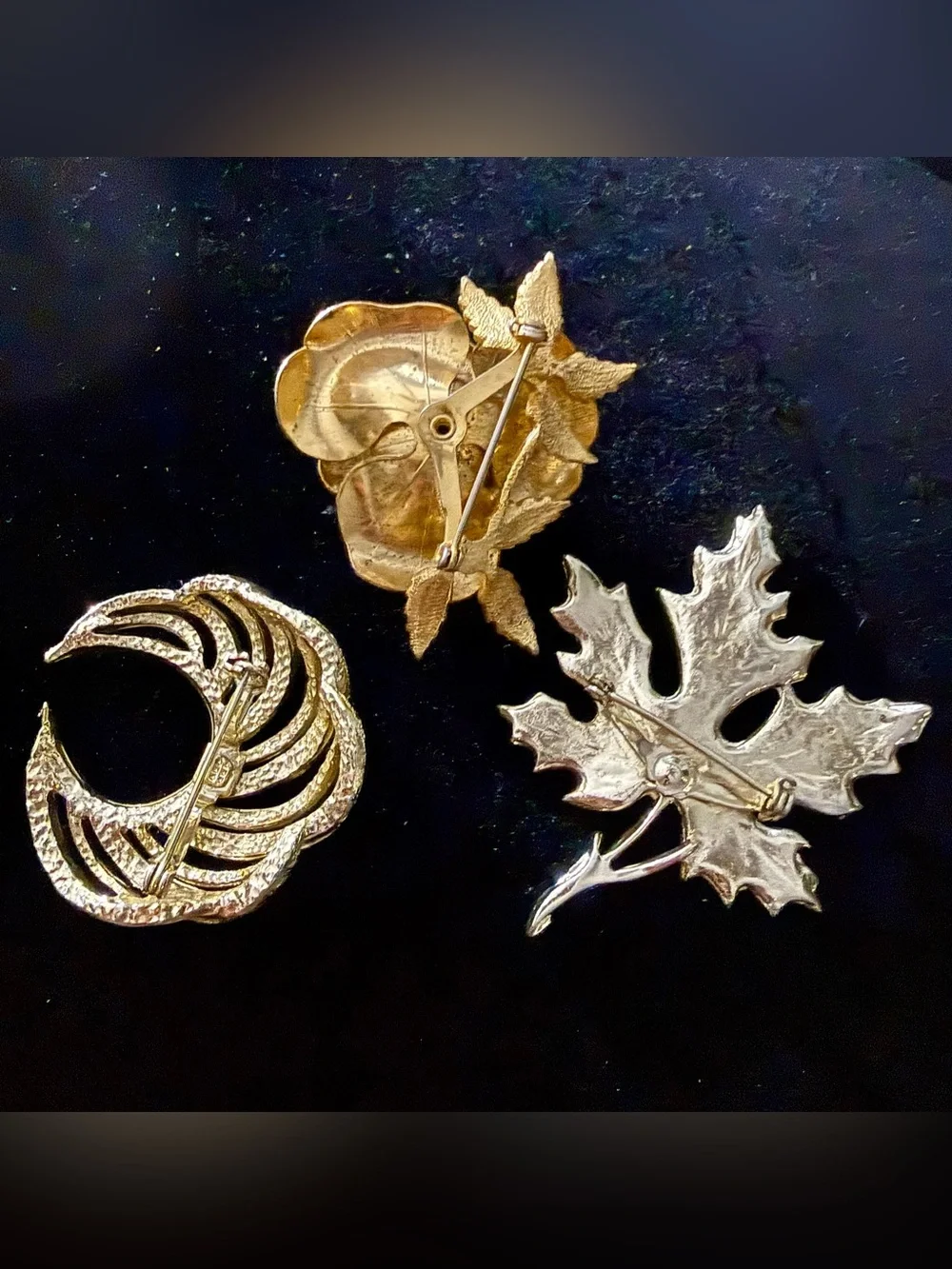 Vintage Gold Tone Brooch Pin Lot Rose Leaf Spiral Costume Jewelry